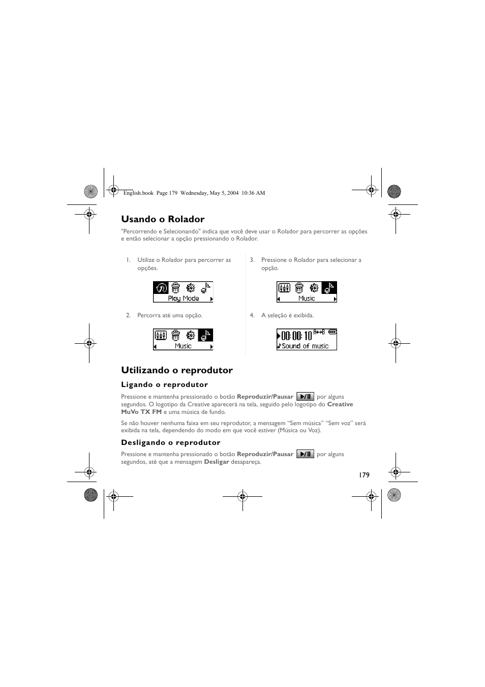 Usando o rolador, Utilizando o reprodutor | Musica CD Player User Manual | Page 179 / 184