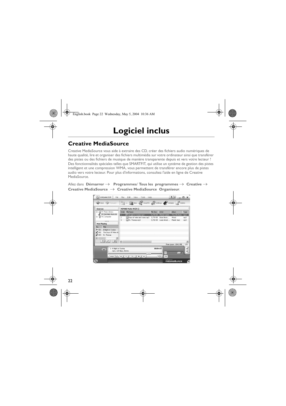 Logiciel inclus, Creative mediasource | Musica CD Player User Manual | Page 22 / 184