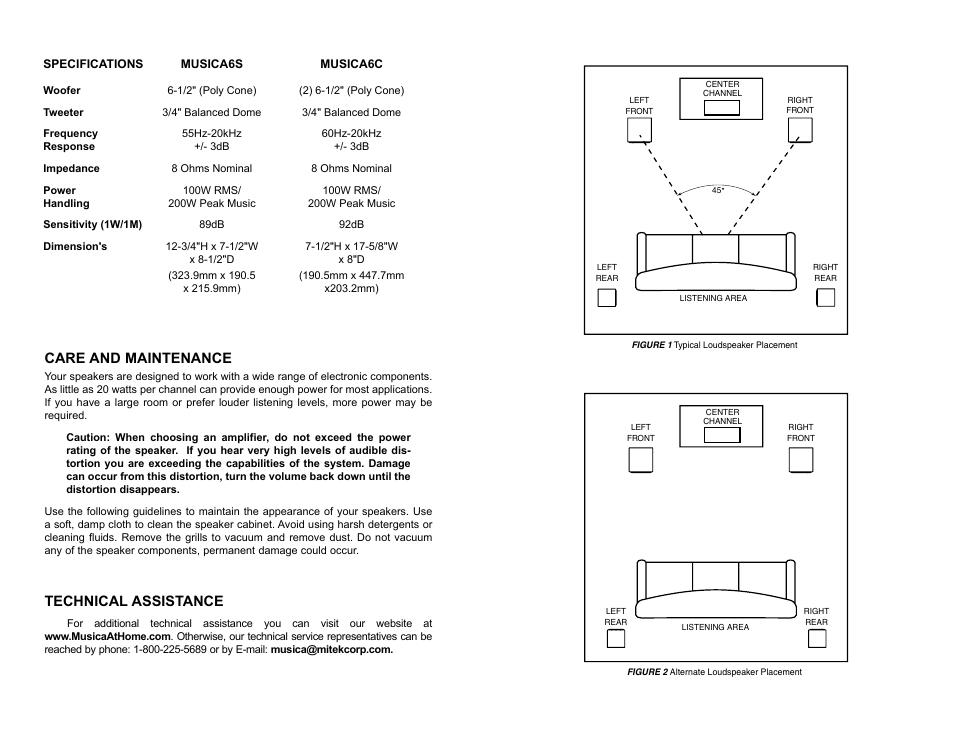 Care and maintenance, Technical assistance | Musica 6S User Manual | Page 3 / 4
