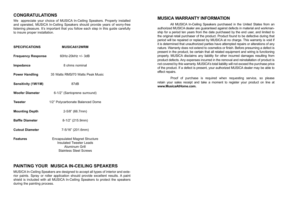 Painting your musica in-ceiling speakers, Musica warranty information | Musica 21A7334 User Manual | Page 2 / 4