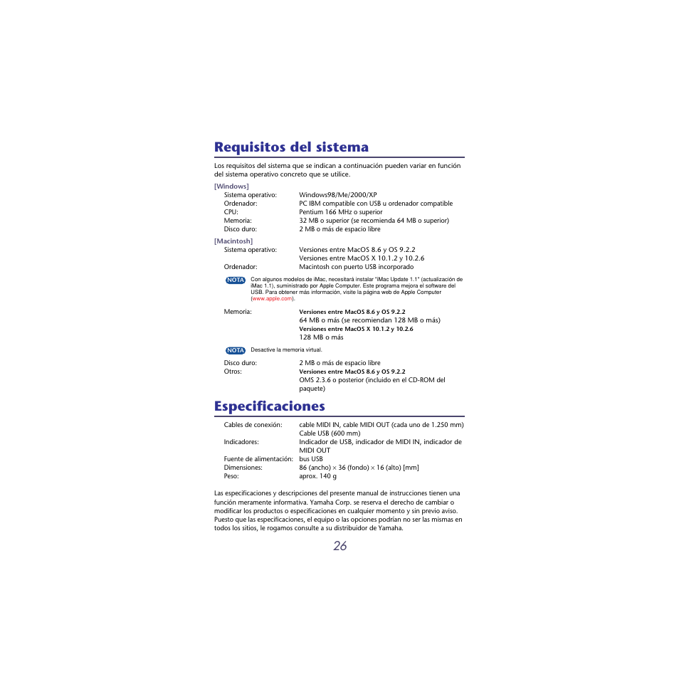 Requisitos del sistema, Especificaciones, Requisitos del sistema especificaciones | Musica UX16 User Manual | Page 26 / 33