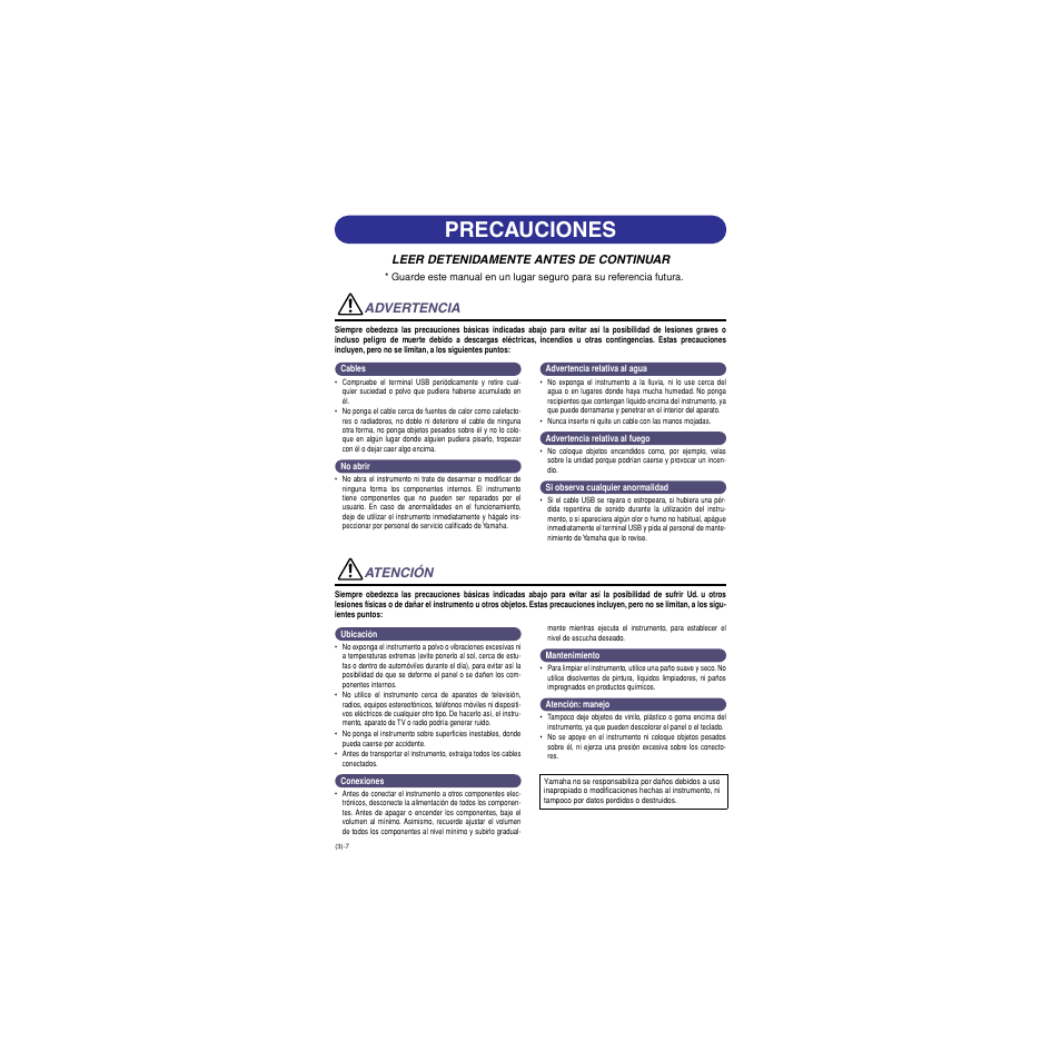 Precauciones, Advertencia, Atención | Musica UX16 User Manual | Page 3 / 33