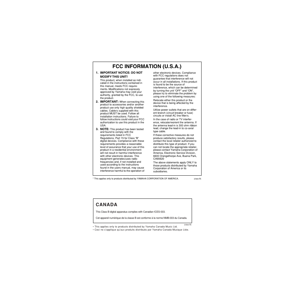 Fcc information (u.s.a.), Canada | Musica UX16 User Manual | Page 31 / 33