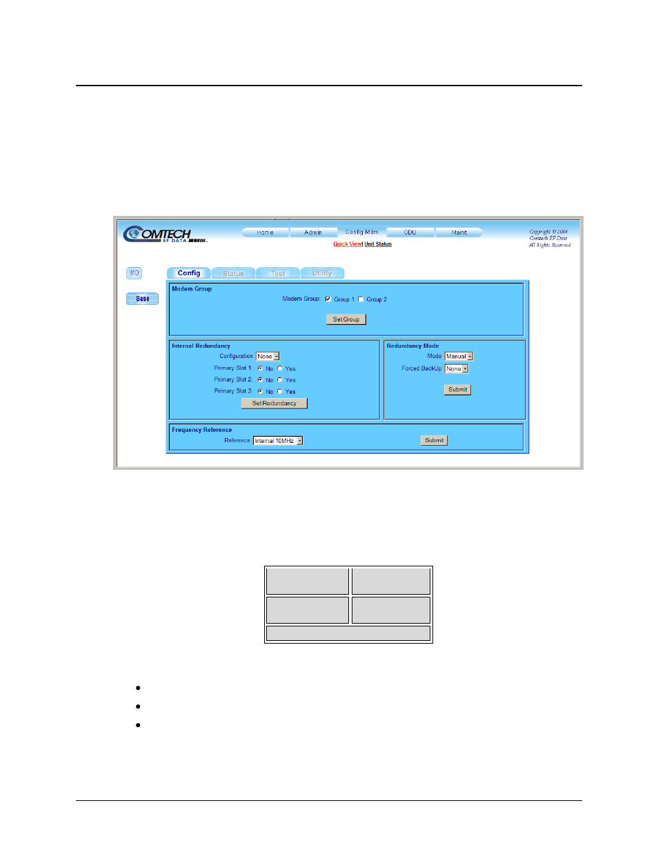 1 config mdm | quick view, 3 config mdm (configure modem) pages | Mocomtech CDM-QX User Manual | Page 144 / 260