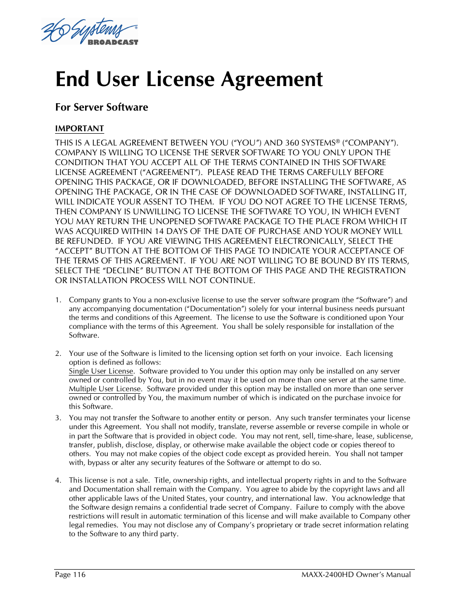 End user license agreement | Maxxsonics High Definition Video Server MAXX-2400HD User Manual | Page 116 / 139
