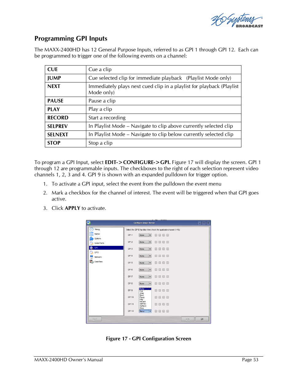 Programming gpi inputs | Maxxsonics High Definition Video Server MAXX-2400HD User Manual | Page 53 / 139