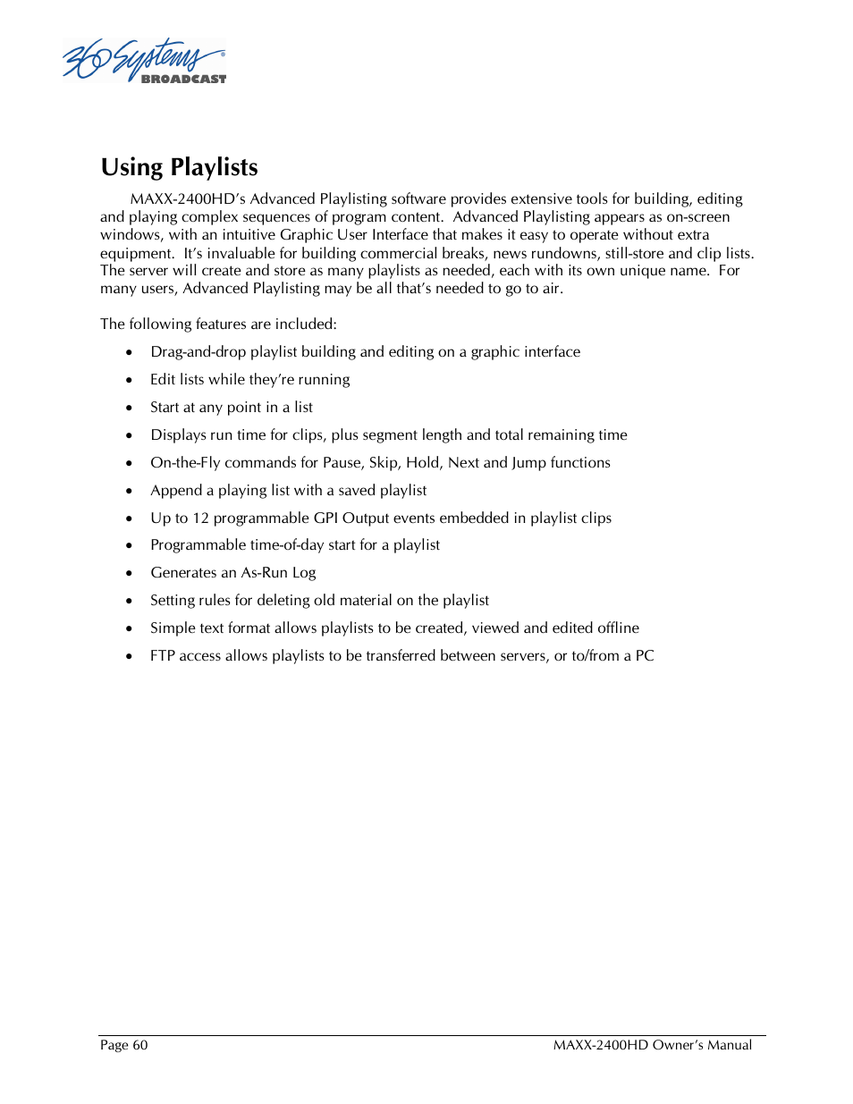 Using playlists | Maxxsonics High Definition Video Server MAXX-2400HD User Manual | Page 60 / 139