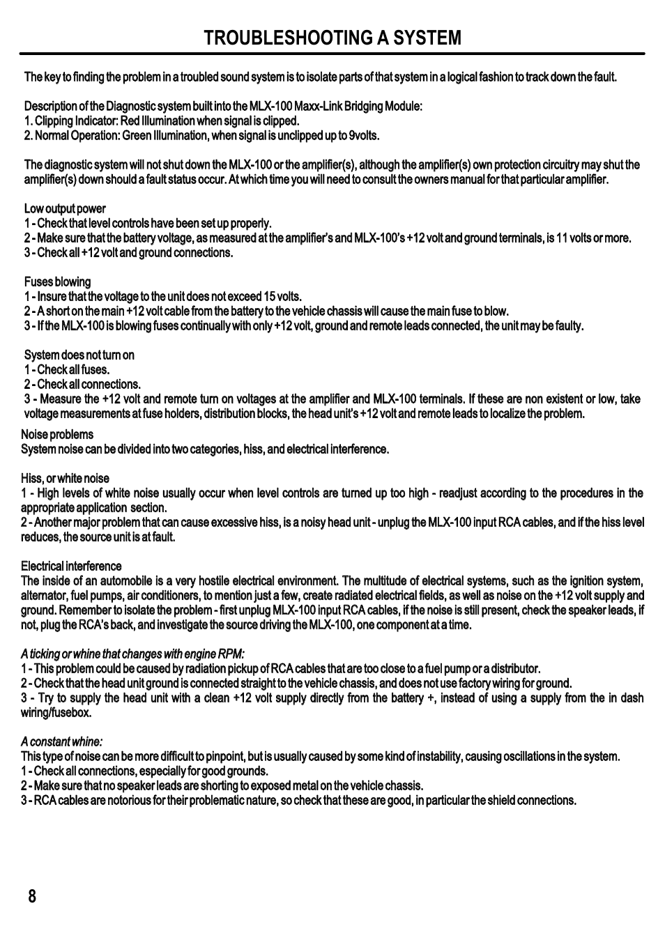 Troubleshooting a system | Maxxsonics MLX-100 User Manual | Page 10 / 12