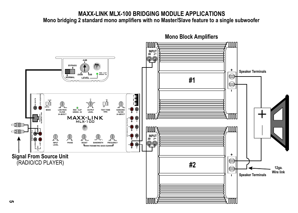 Maxx-link, Maxx-link mlx-100 bridging module applications, Mono block amplifiers | Mlx-100, Speaker terminals, Speaker terminals 12ga. wire link, Input | Maxxsonics MLX-100 User Manual | Page 7 / 12
