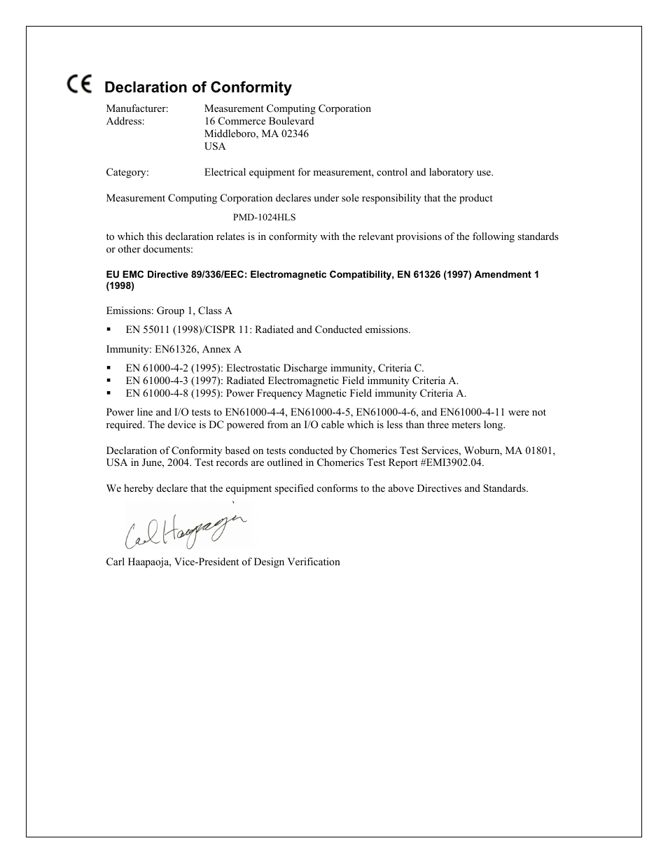 Declaration of conformity | Measurement Specialties PMD-1024HLS User Manual | Page 22 / 23