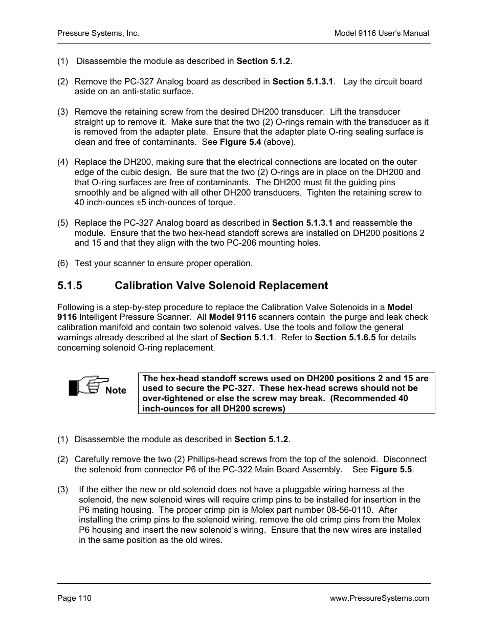 5 calibration valve solenoid replacement | Measurement Specialties 9116 User Manual | Page 119 / 143