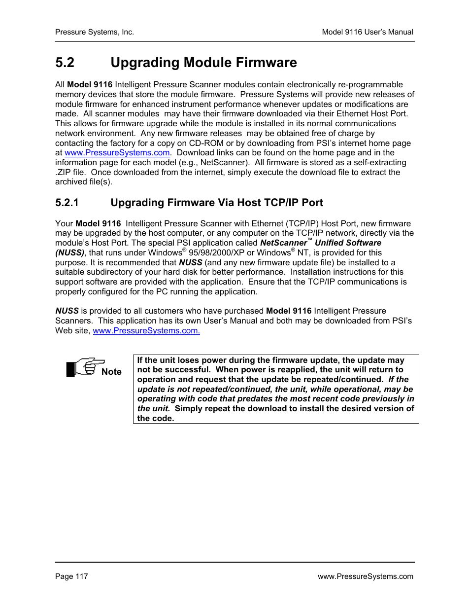 2 upgrading module firmware, 1 upgrading firmware via host tcp/ip port | Measurement Specialties 9116 User Manual | Page 126 / 143