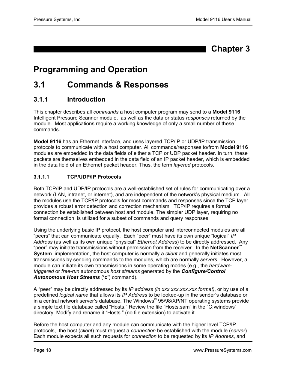 Chapter 3 programming and operation, 1 commands & responses | Measurement Specialties 9116 User Manual | Page 27 / 143