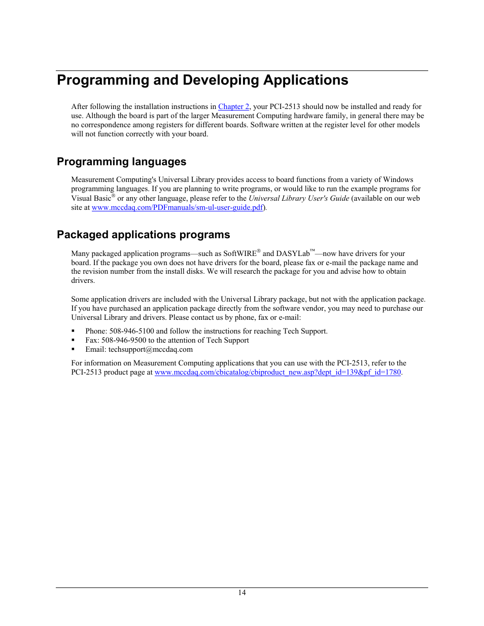 Programming and developing applications, Programming languages, Packaged applications programs | Measurement Specialties PCI-2513 User Manual | Page 14 / 34