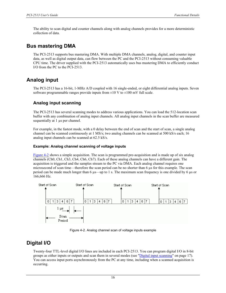 Bus mastering dma, Analog input, Analog input scanning | Example: analog channel scanning of voltage inputs, Digital i/o | Measurement Specialties PCI-2513 User Manual | Page 16 / 34