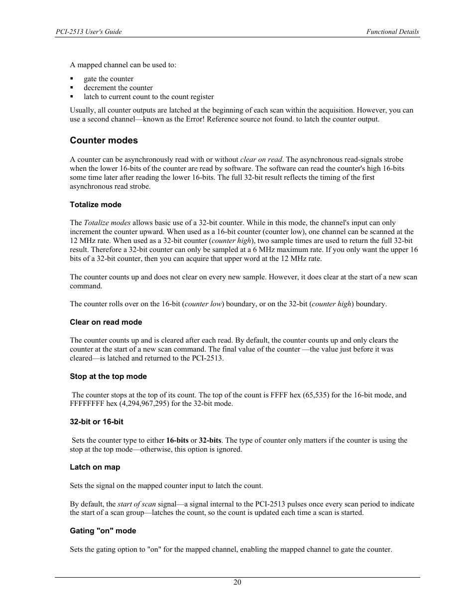 Counter modes, Totalize mode, Clear on read mode | Stop at the top mode, Bit or 16-bit, Latch on map, Gating "on" mode | Measurement Specialties PCI-2513 User Manual | Page 20 / 34