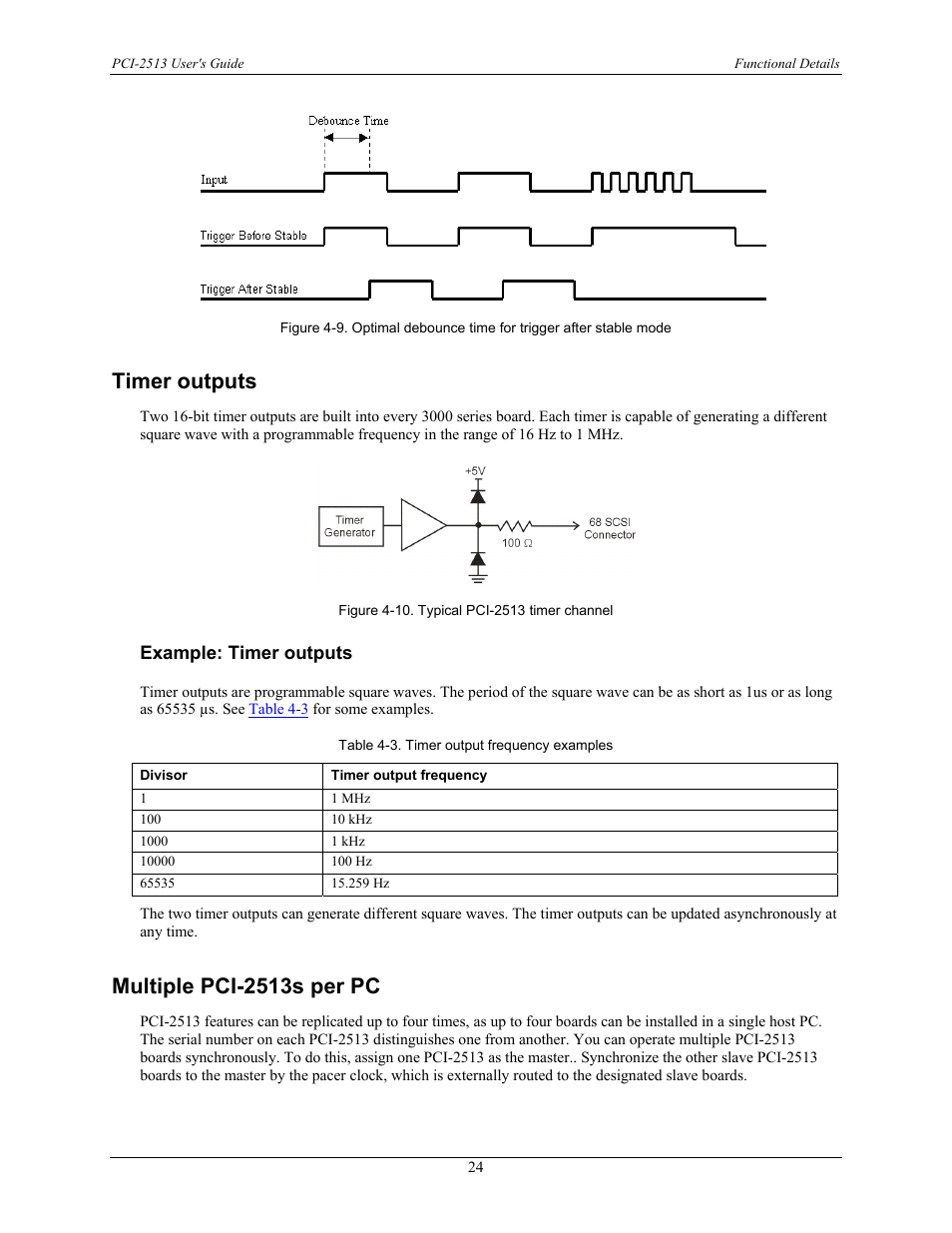 Timer outputs, Example: timer outputs, Multiple pci-2513s per pc | Measurement Specialties PCI-2513 User Manual | Page 24 / 34