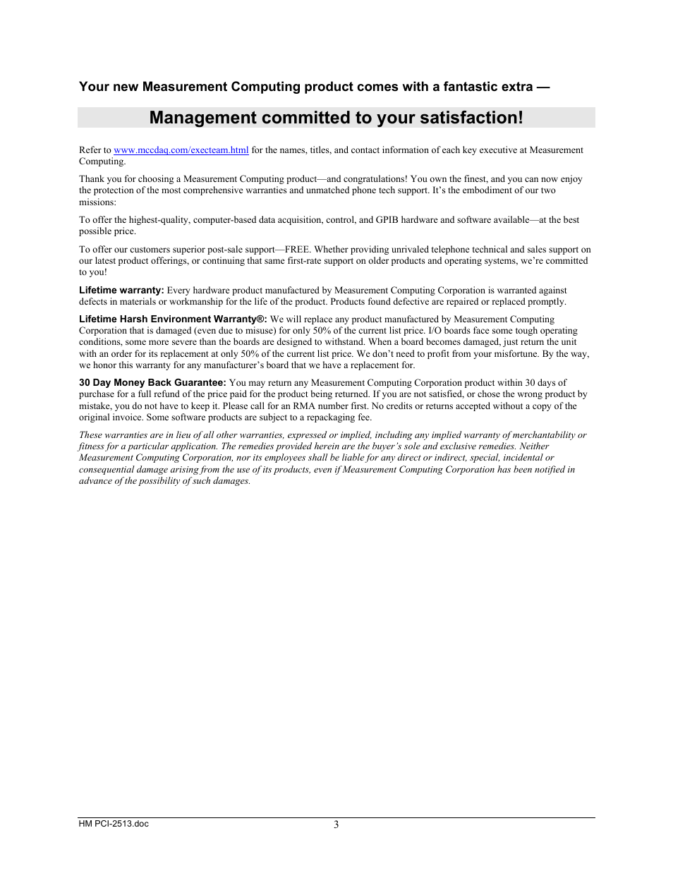 Management committed to your satisfaction | Measurement Specialties PCI-2513 User Manual | Page 3 / 34