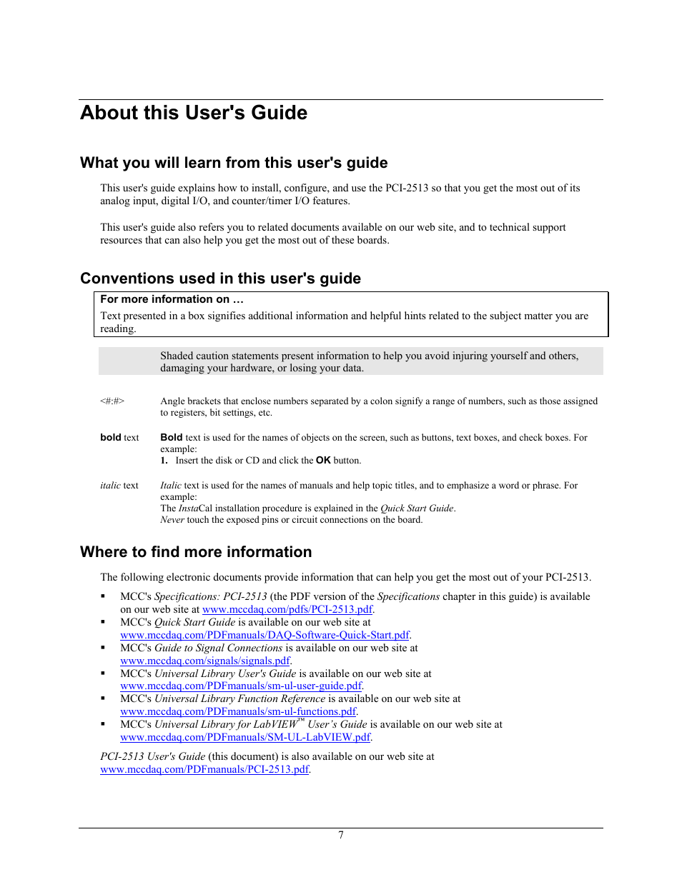 About this user's guide, What you will learn from this user's guide, Conventions used in this user's guide | Where to find more information | Measurement Specialties PCI-2513 User Manual | Page 7 / 34