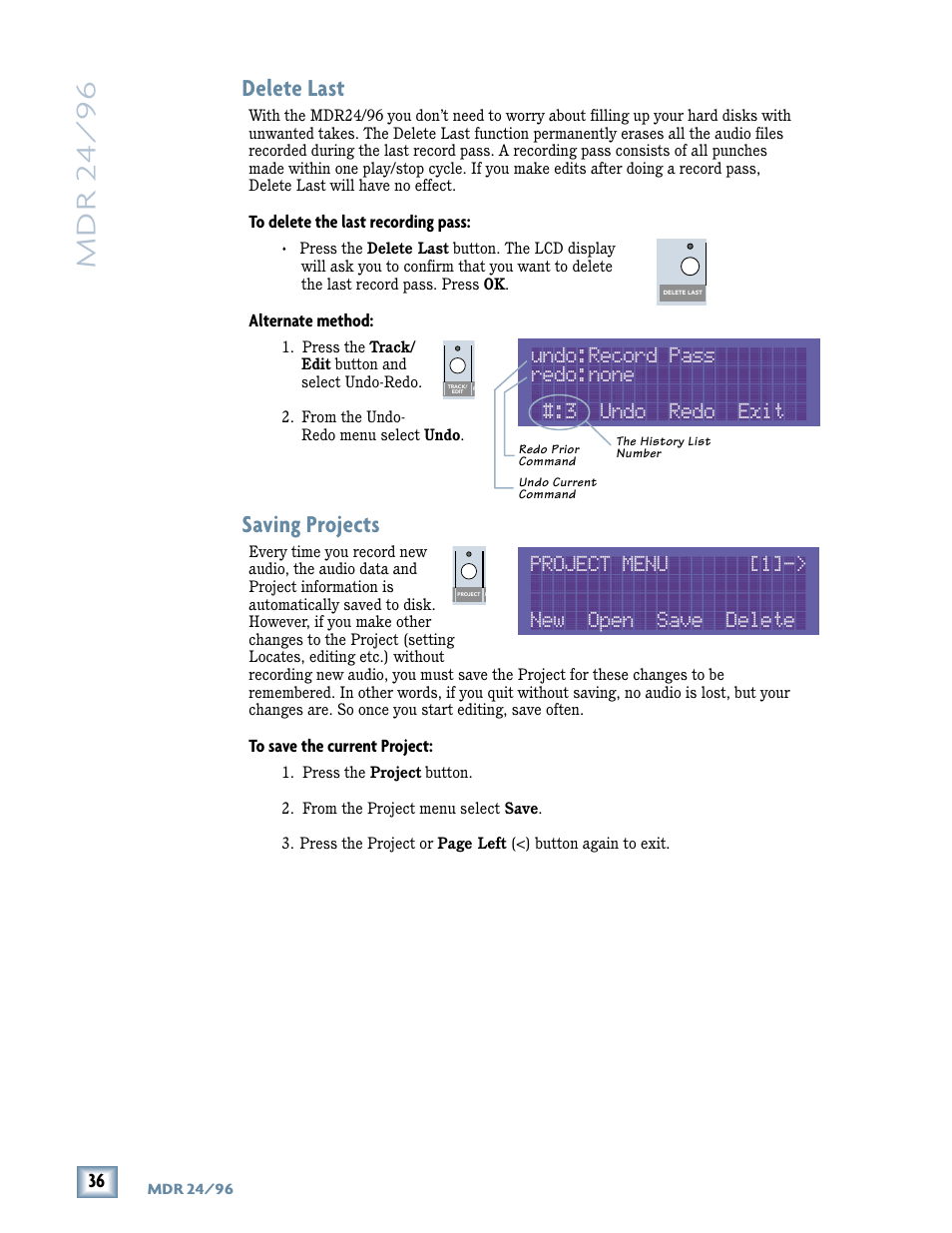 Mdr 24/ 96, Delete last, Saving projects | Magma MDR 24/96 User Manual | Page 36 / 44