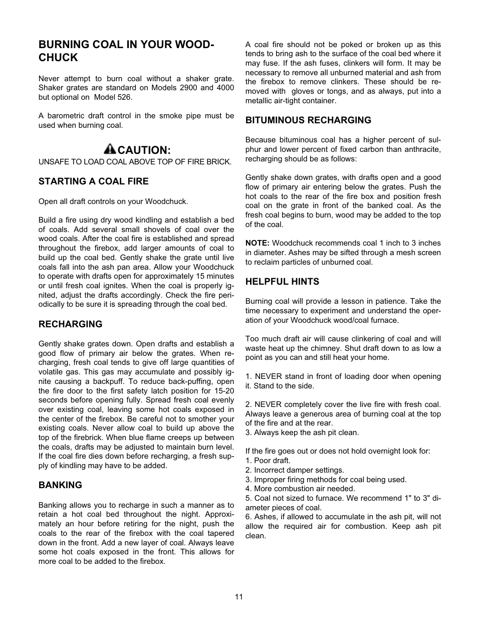 Burning coal in your wood- chuck, Caution | Meyer WOODCHUCK 526 User Manual | Page 11 / 36
