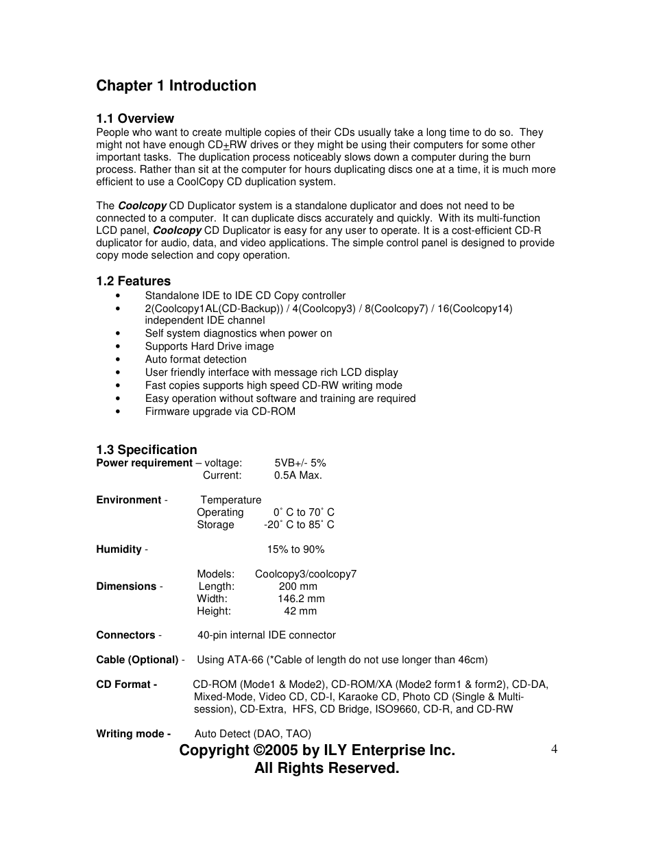 Chapter 1 introduction | ILY Enterprise CoolCopy 7 User Manual | Page 4 / 30