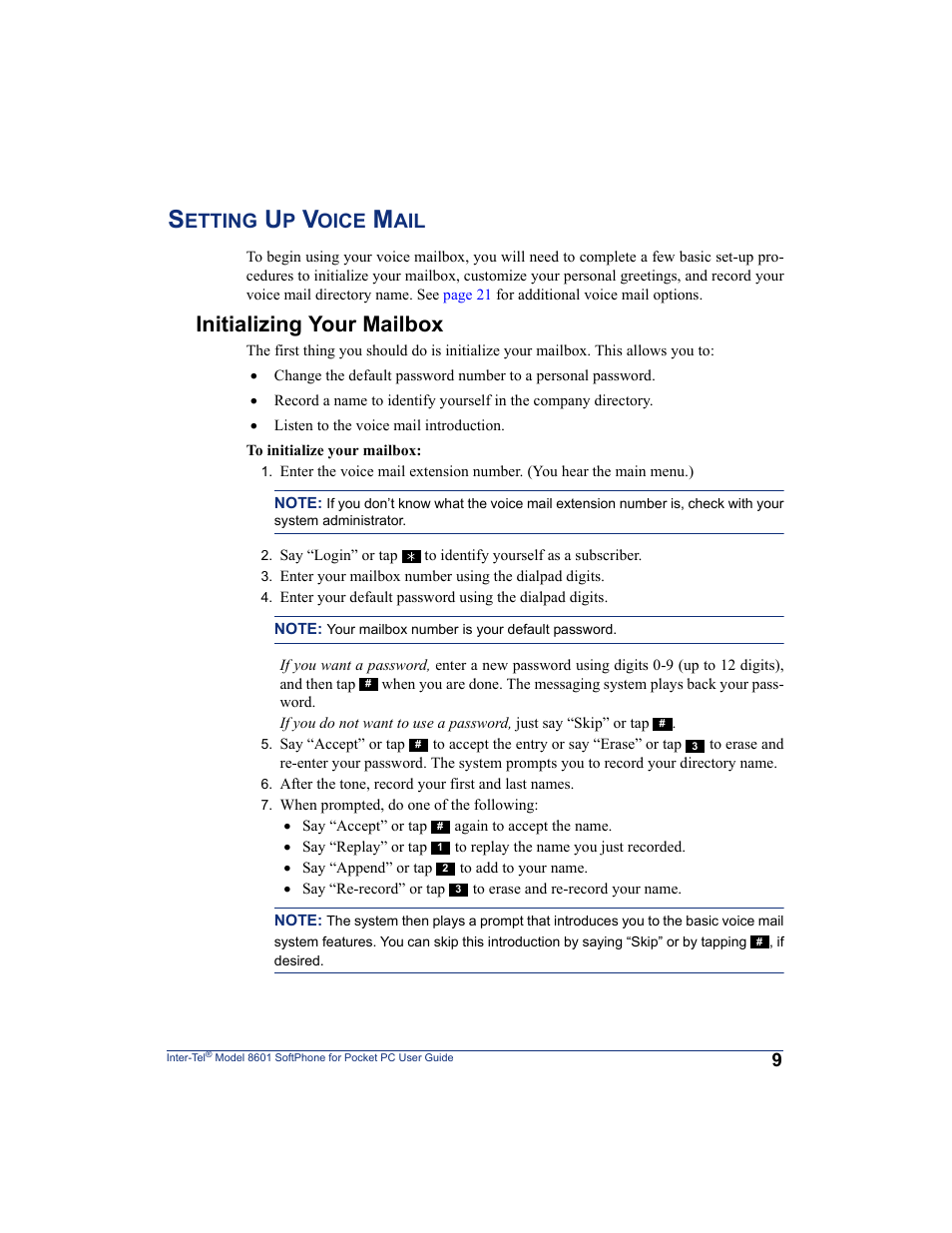 Setting up voice mail, Initializing your mailbox, Etting | Oice | Inter-Tel SoftPhone 8601 User Manual | Page 15 / 66