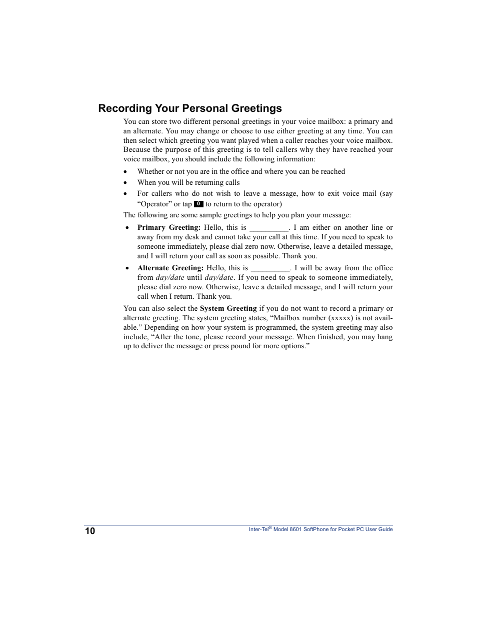 Recording your personal greetings | Inter-Tel SoftPhone 8601 User Manual | Page 16 / 66