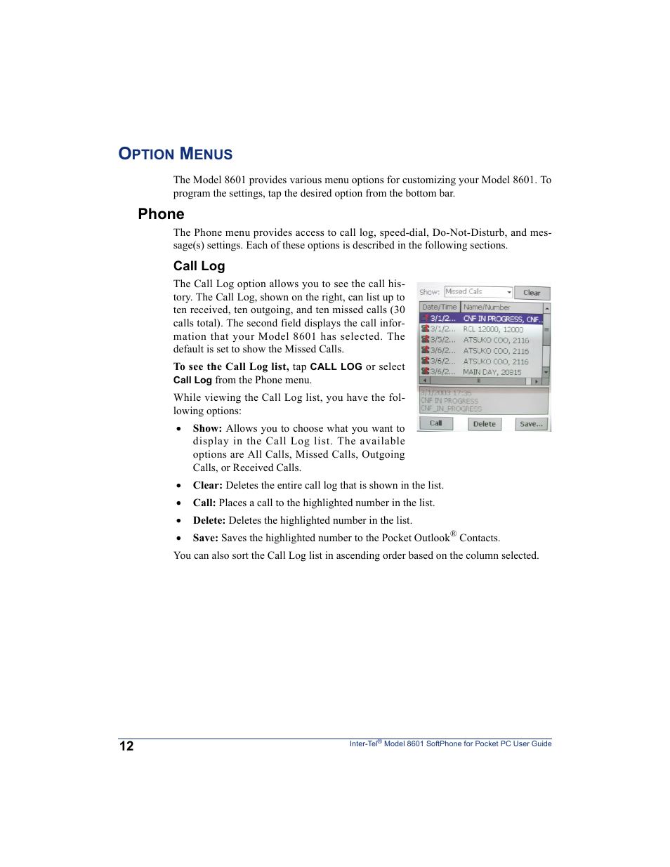 Option menus, Phone | Inter-Tel SoftPhone 8601 User Manual | Page 18 / 66