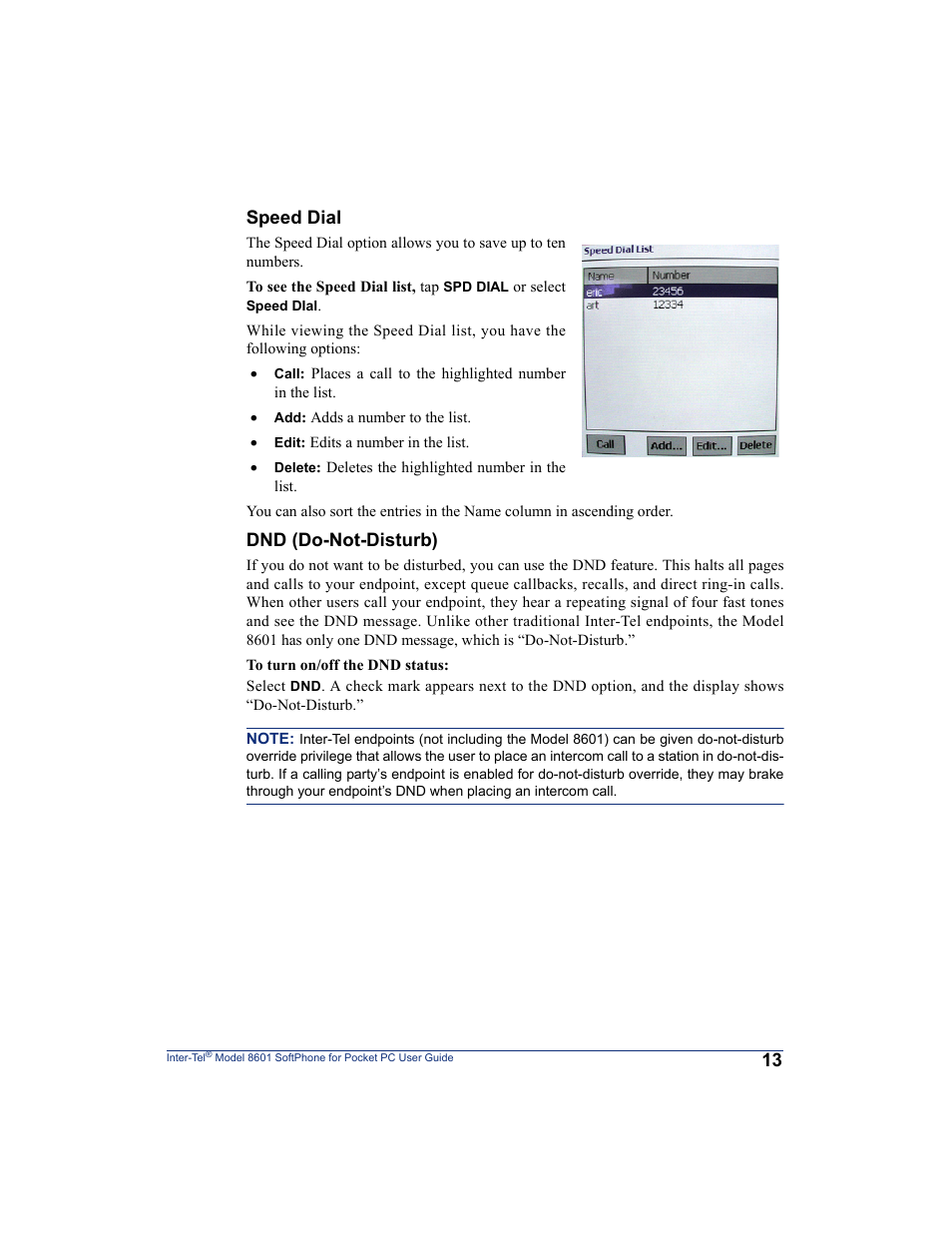 Speed dial, Dnd (do-not-disturb) | Inter-Tel SoftPhone 8601 User Manual | Page 19 / 66