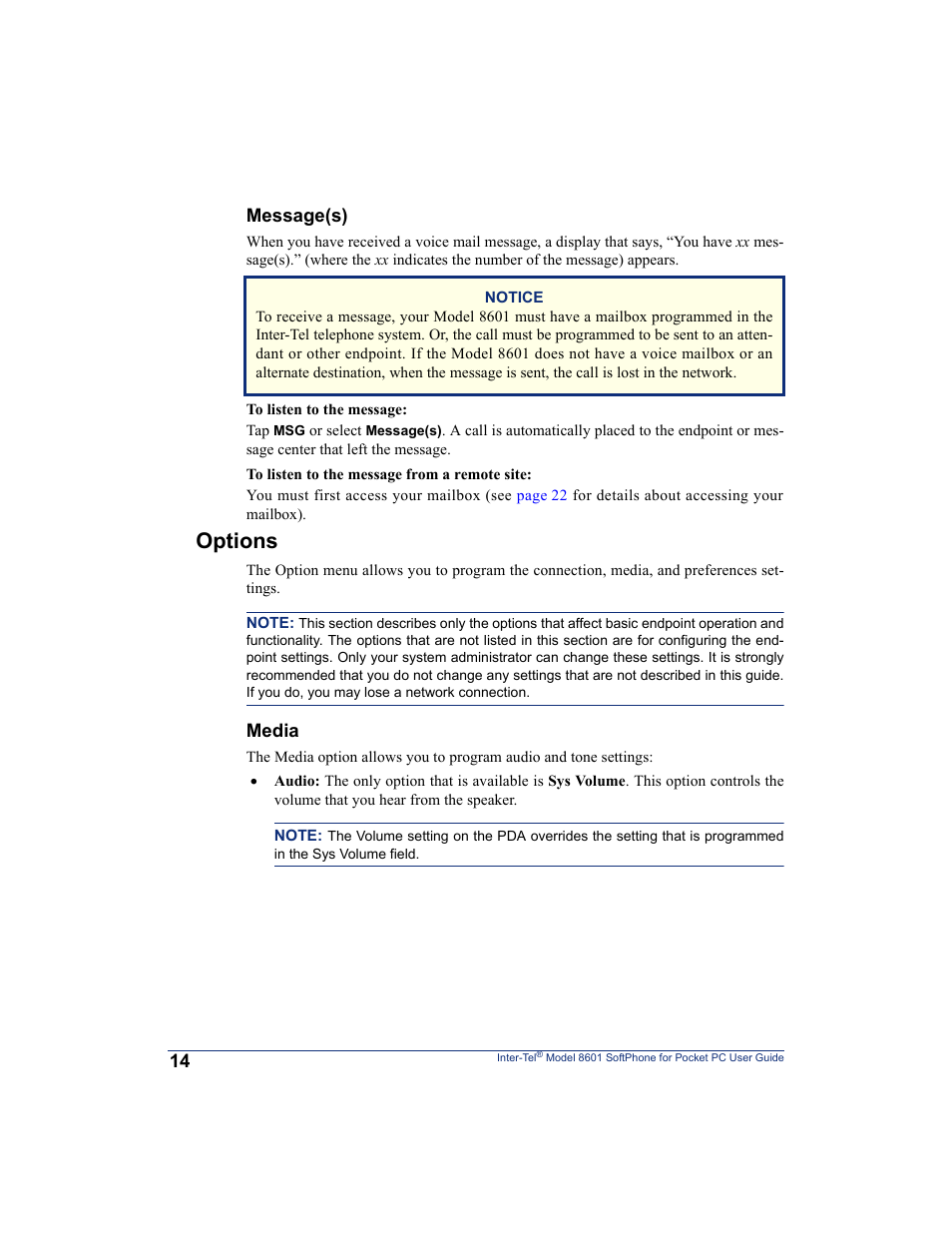 Options | Inter-Tel SoftPhone 8601 User Manual | Page 20 / 66