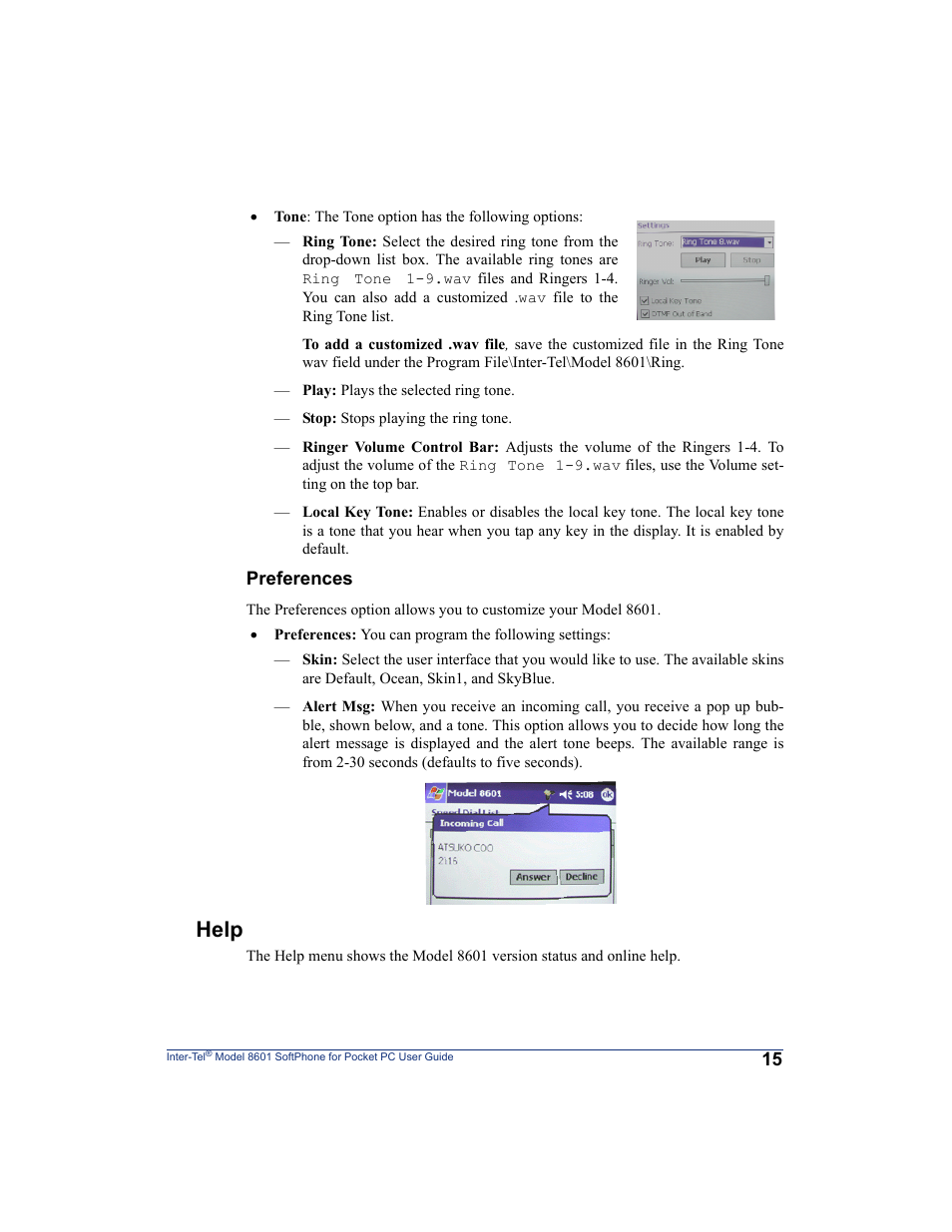 Help | Inter-Tel SoftPhone 8601 User Manual | Page 21 / 66