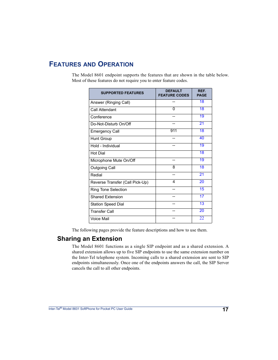 Features and operation, Sharing an extension, Eatures | Peration | Inter-Tel SoftPhone 8601 User Manual | Page 23 / 66