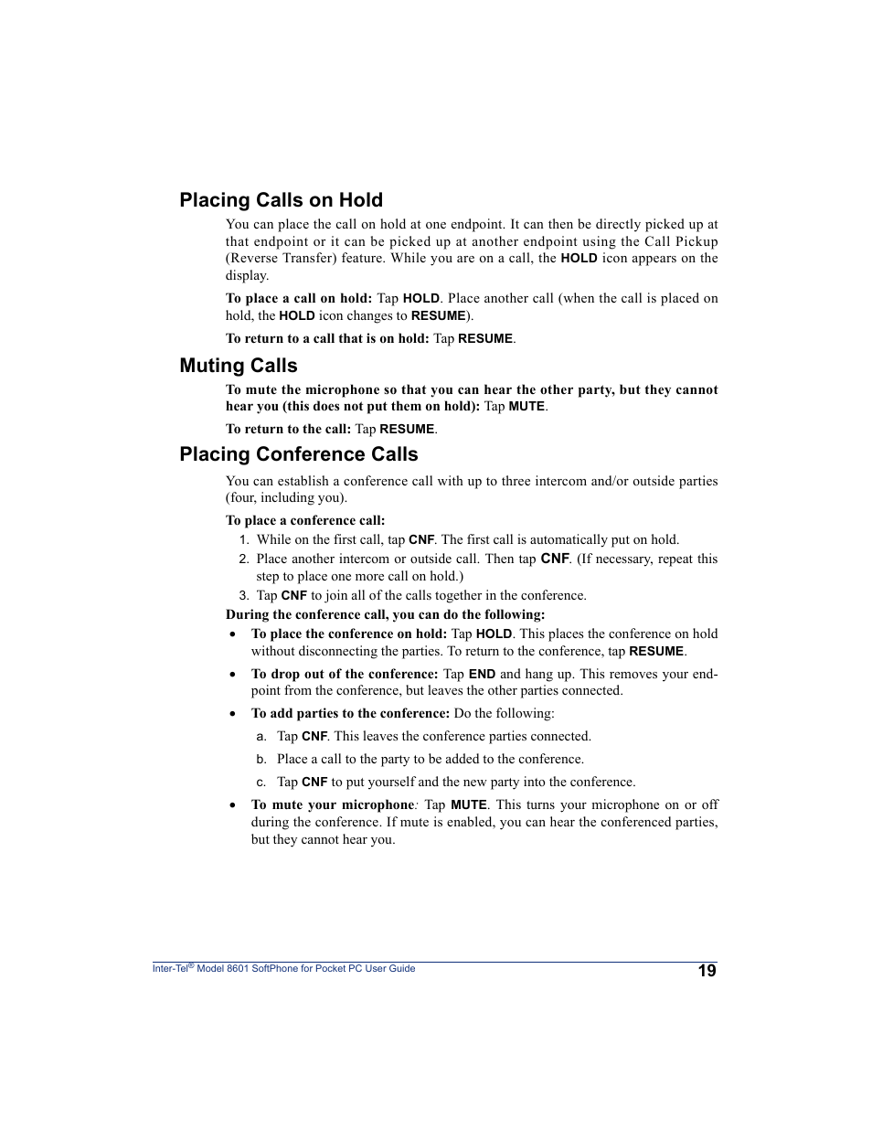 Placing calls on hold, Muting calls, Placing conference calls | Inter-Tel SoftPhone 8601 User Manual | Page 25 / 66