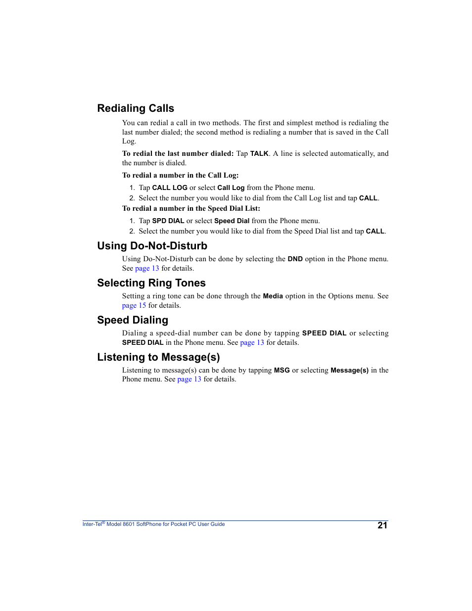 Redialing calls, Using do-not-disturb, Selecting ring tones | Speed dialing, Listening to message(s) | Inter-Tel SoftPhone 8601 User Manual | Page 27 / 66