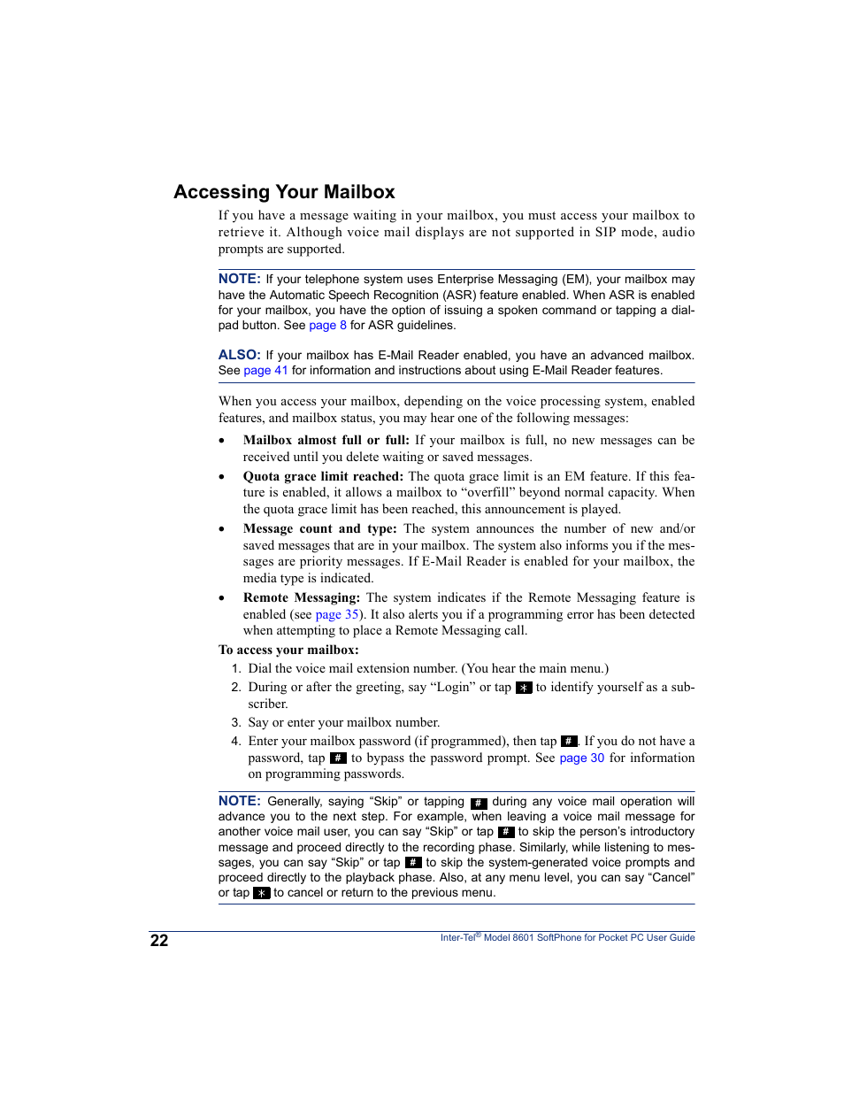 Accessing your mailbox, Ox (see | Inter-Tel SoftPhone 8601 User Manual | Page 28 / 66