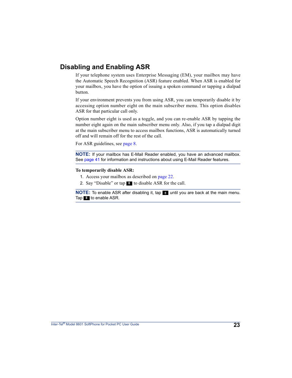 Disabling and enabling asr | Inter-Tel SoftPhone 8601 User Manual | Page 29 / 66