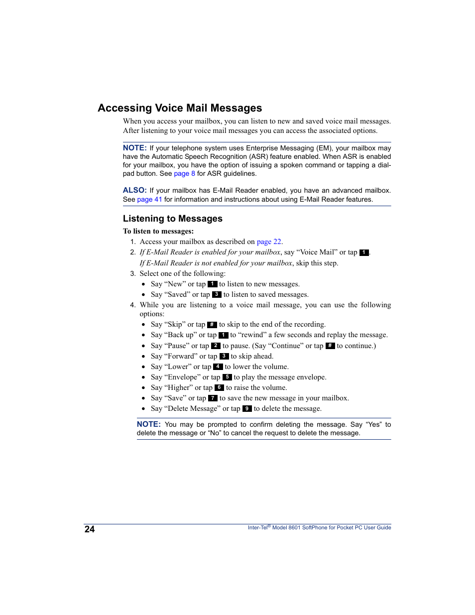 Accessing voice mail messages, Listening to messages | Inter-Tel SoftPhone 8601 User Manual | Page 30 / 66