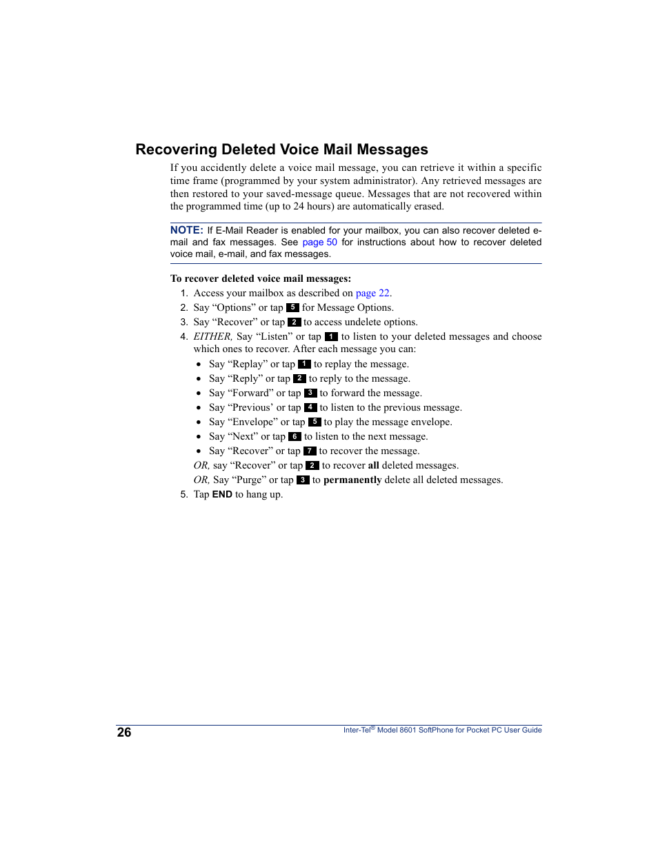 Recovering deleted voice mail messages | Inter-Tel SoftPhone 8601 User Manual | Page 32 / 66