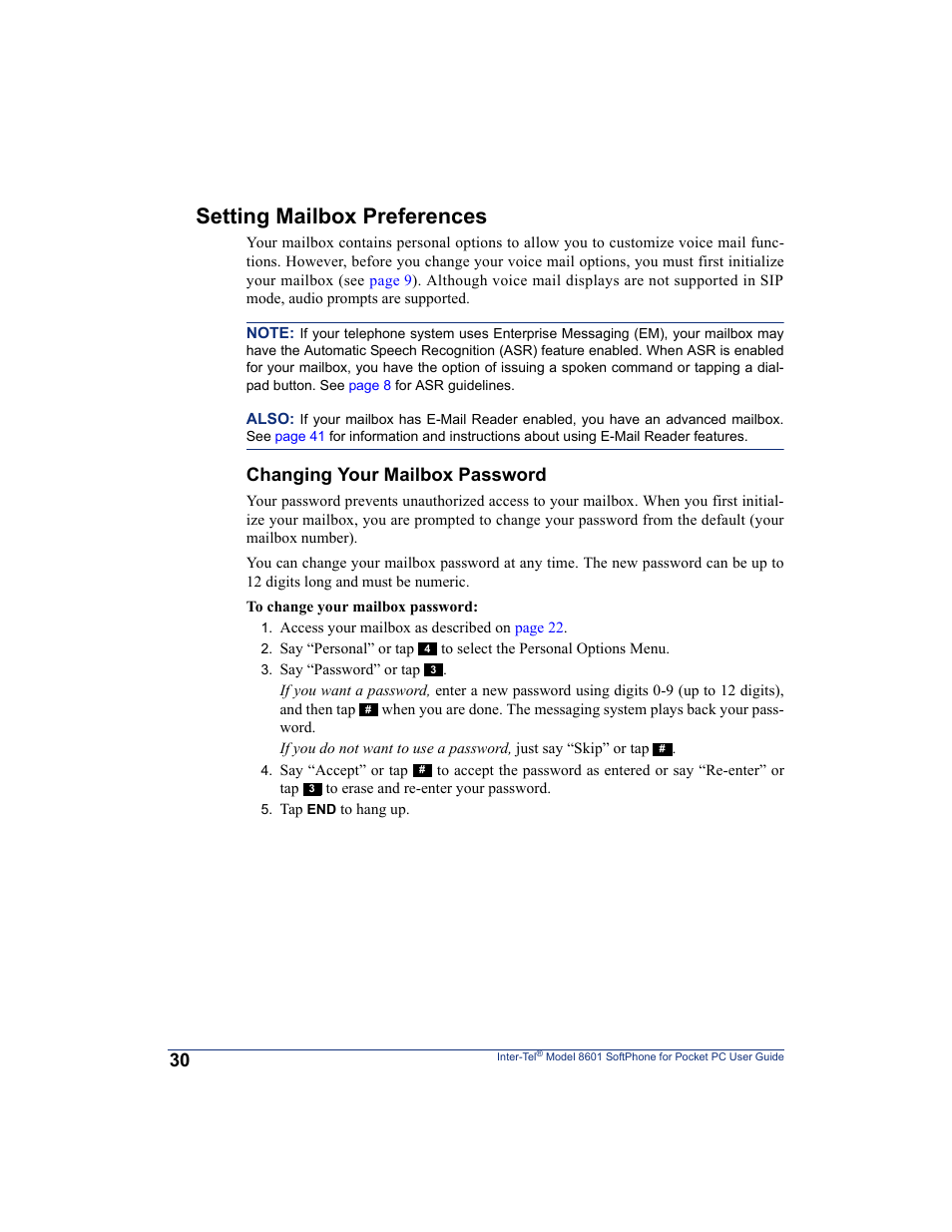 Setting mailbox preferences, Changing your mailbox password | Inter-Tel SoftPhone 8601 User Manual | Page 36 / 66