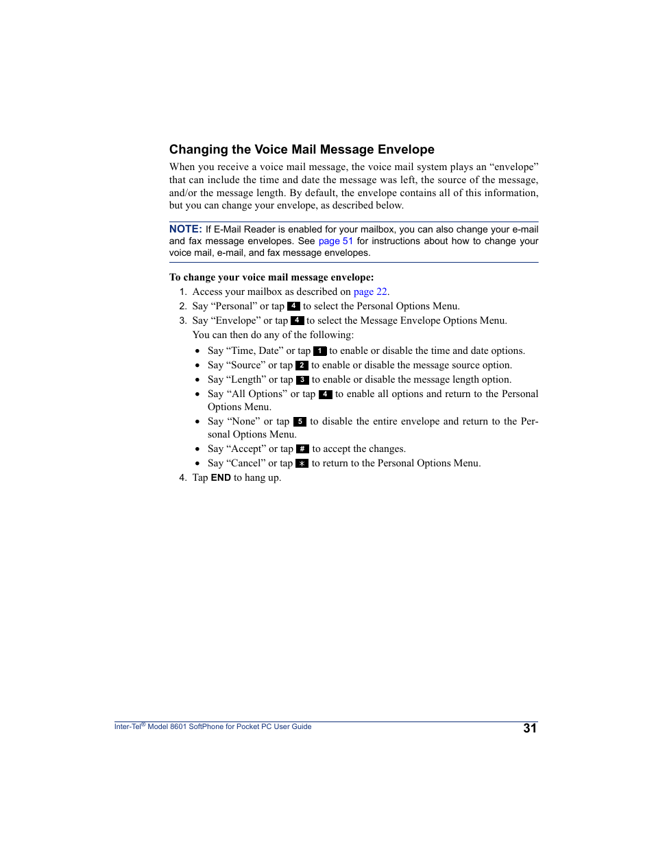 Changing the voice mail message envelope | Inter-Tel SoftPhone 8601 User Manual | Page 37 / 66