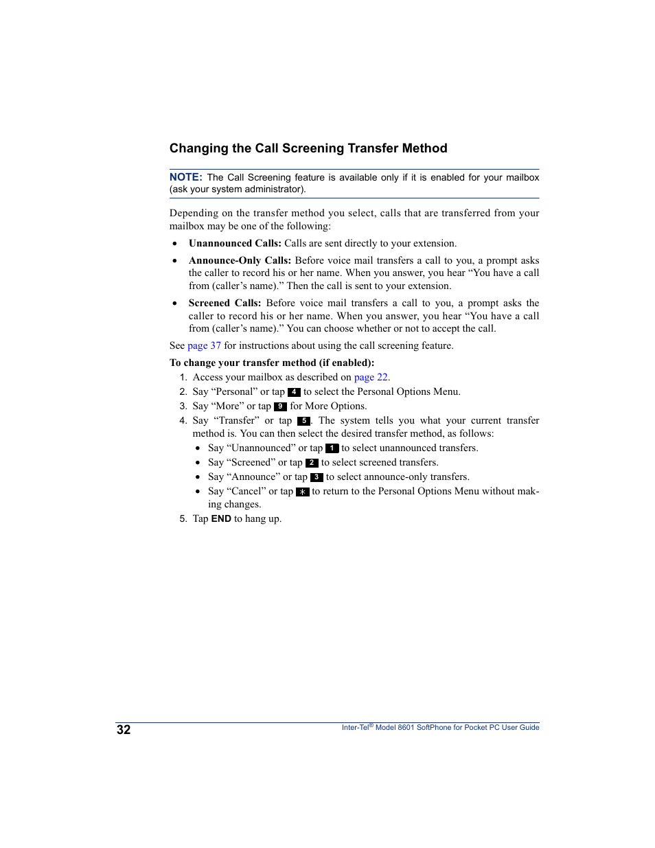 Changing the call screening transfer method | Inter-Tel SoftPhone 8601 User Manual | Page 38 / 66