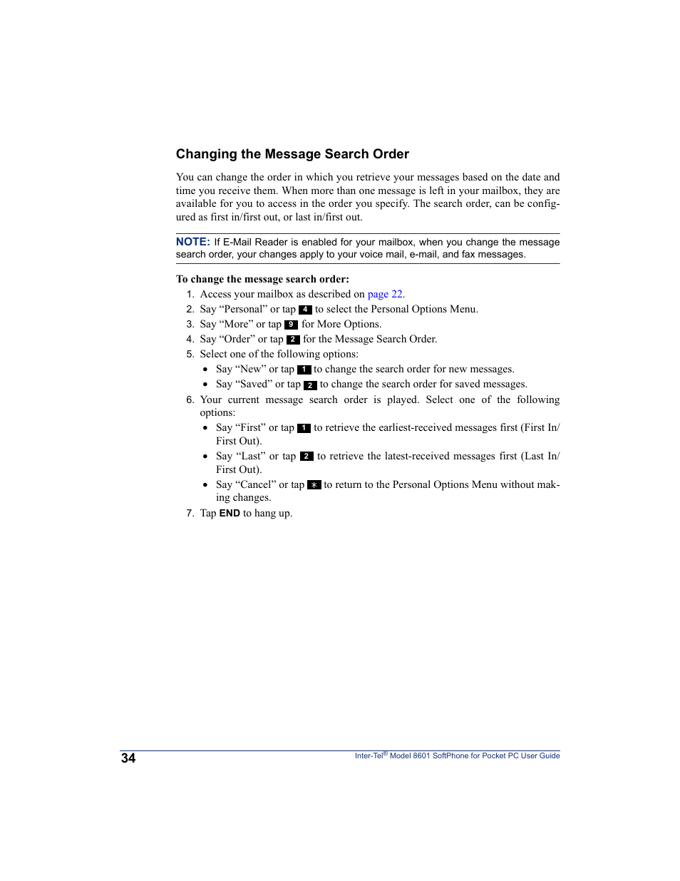 Changing the message search order | Inter-Tel SoftPhone 8601 User Manual | Page 40 / 66