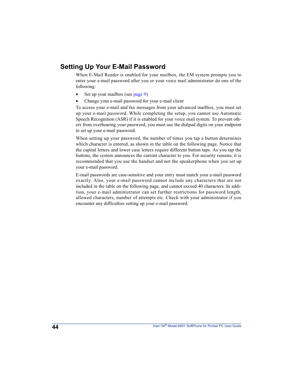 Setting up your e-mail password | Inter-Tel SoftPhone 8601 User Manual | Page 50 / 66