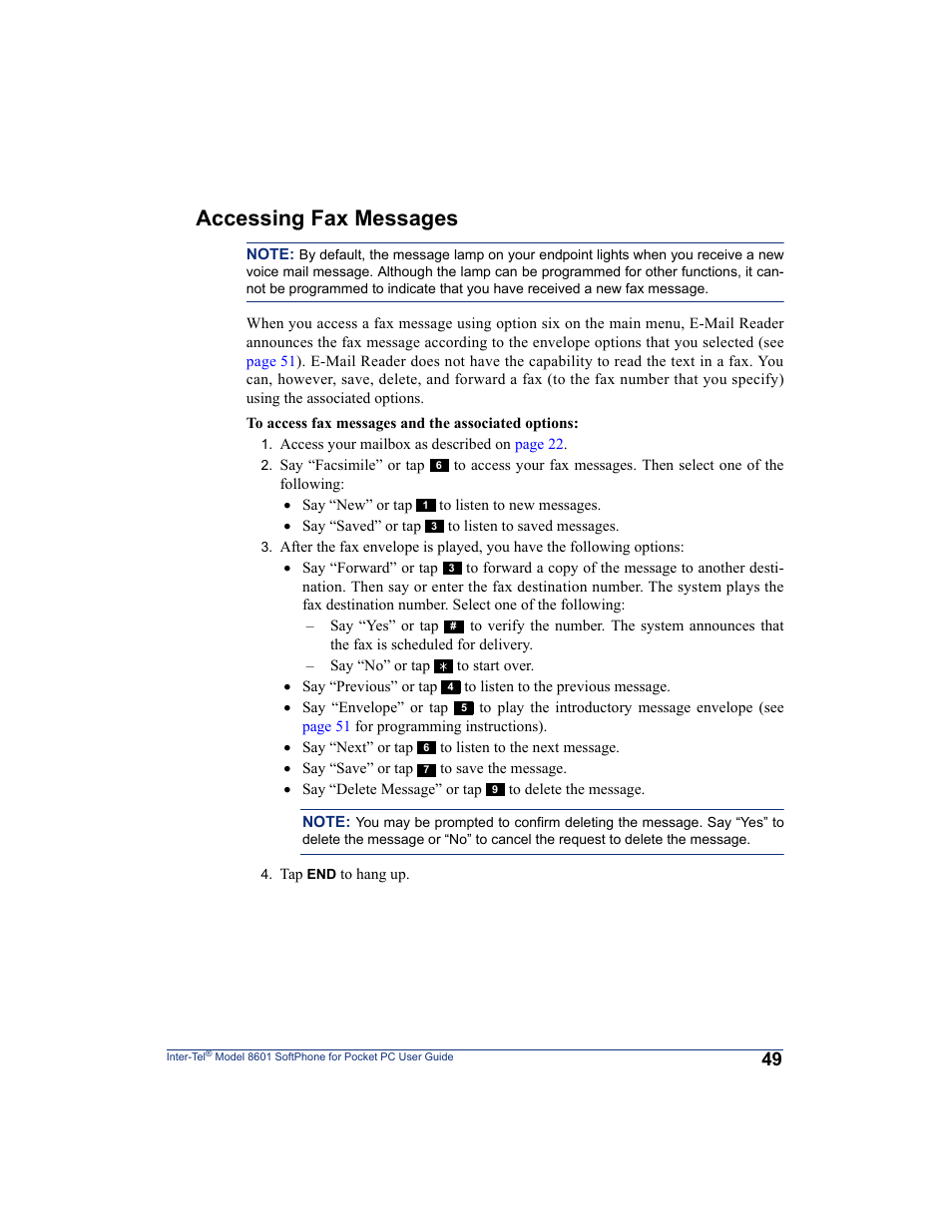 Accessing fax messages, Pted (see | Inter-Tel SoftPhone 8601 User Manual | Page 55 / 66