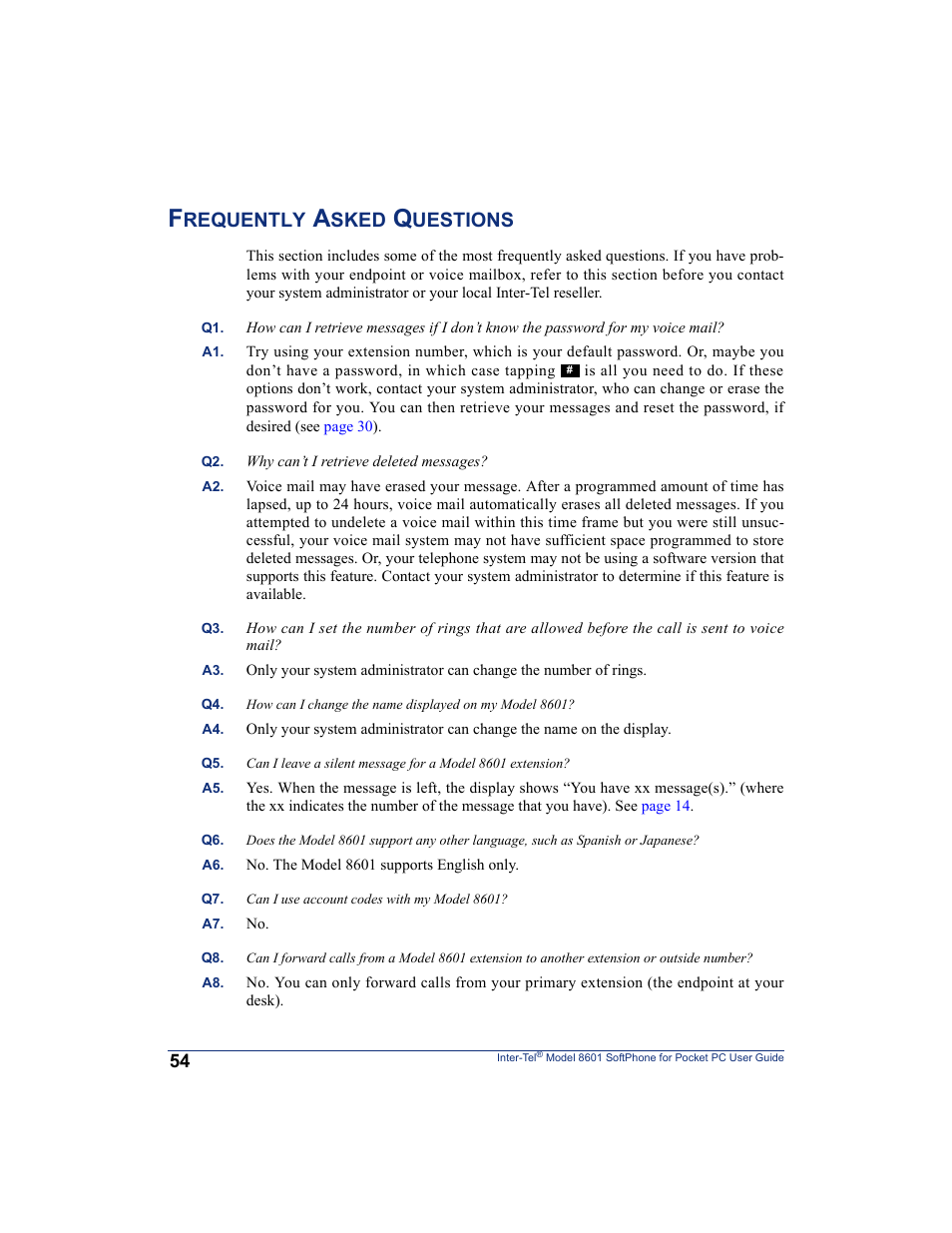 Frequently asked questions, Requently, Sked | Uestions | Inter-Tel SoftPhone 8601 User Manual | Page 60 / 66