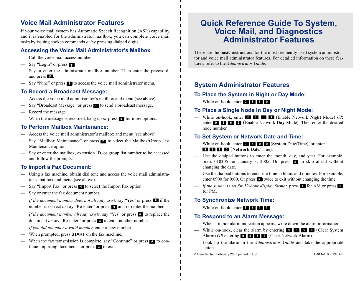 Quick reference 1, Voice mail administrator features, System administrator features | Accessing the voice mail administrator’s mailbox | Inter-Tel CS-5400 User Manual | Page 3 / 392