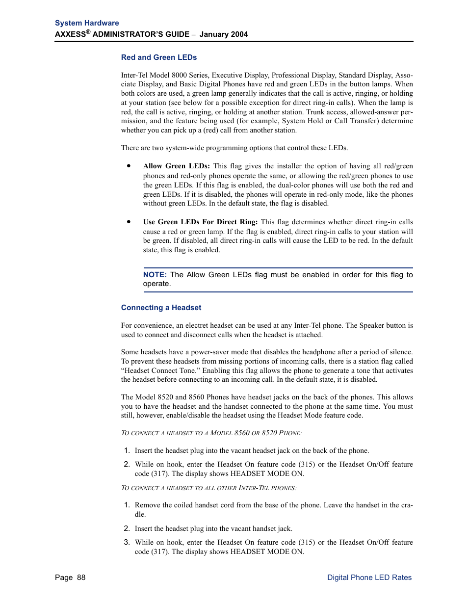 Red and green leds, Connecting a headset, Red and green leds connecting a headset | Inter-Tel Axxess User Manual | Page 104 / 342