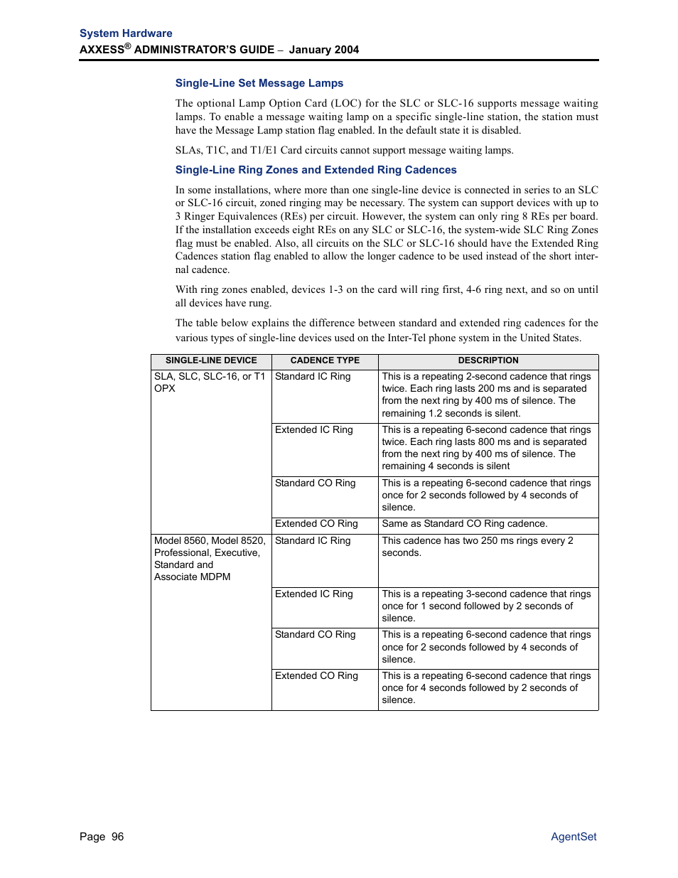 Single-line set message lamps, Single-line ring zones and extended ring cadences | Inter-Tel Axxess User Manual | Page 112 / 342