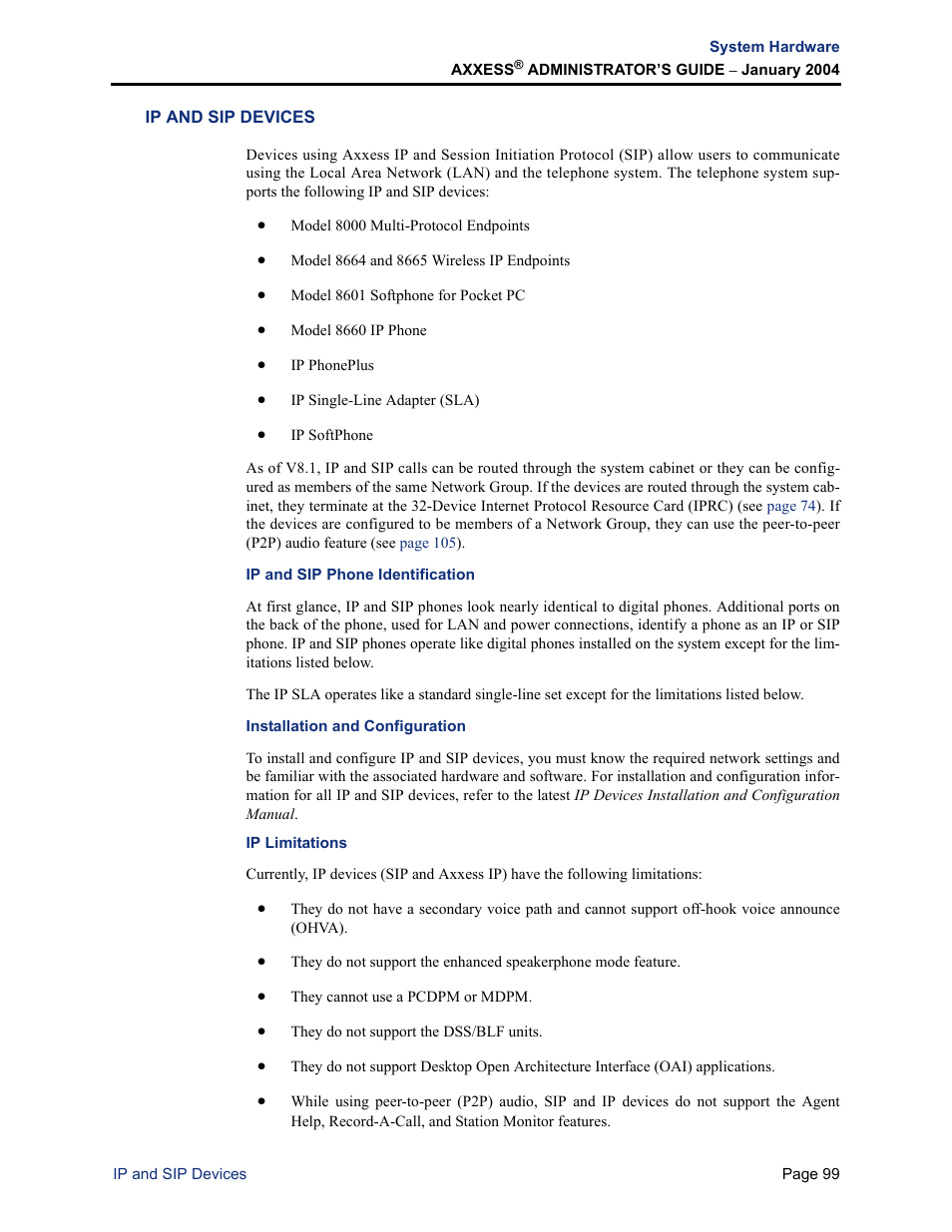 Ip and sip devices, Ip and sip phone identification, Installation and configuration | Ip limitations | Inter-Tel Axxess User Manual | Page 115 / 342